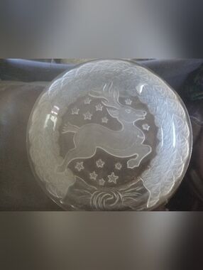 Clear Crystal Holiday Reindeer Decorative Plate - White Etched Design